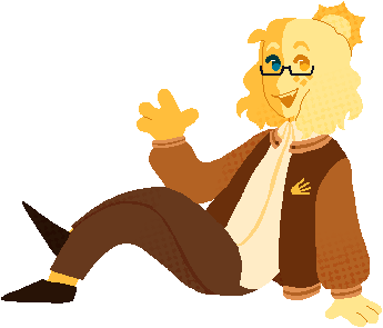 a drawing of Roswell, a bright yellow-and-orange humanoid, sitting casually in a corner.